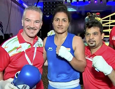 India's Pooja Rani after winning gold in women's 75 kg category at the ASBC Asian Boxing Championships 2021 in Dubai, Sunday, May 30, 2021. (Photo | PTI)