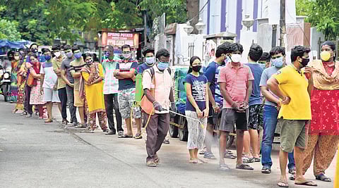 People waiting for their turn to get vaccinated at a special camp at Triplicane in Chennai (Photo | R Satish Babu/EPS)
