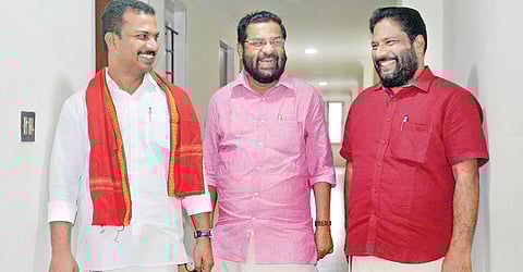 CPM candidates V K Prasanth (Vattiyoorkavu), Kadakampally Surendran (Kazhakkoottam), and V Joy (Varkala) who emerged victorious in the assembly polls, sharing a light moment at the AKG Centre.