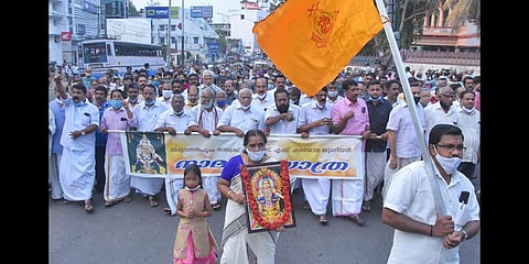 File photo of Nair Service Society members take out a march to the Secretariat on March 19 in protest against LDF’s stand on Sabarimala issue. (Photo | B P Deepu, EPS)