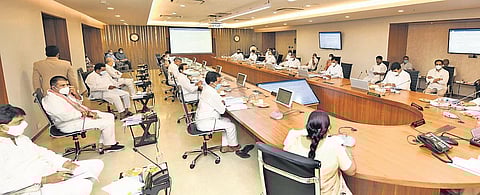 Ministers during the Cabinet meeting at Secretariat in Velagapudi on Tuesday I Express