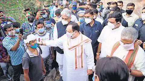BJP national president J P Nadda accompanied by party leaders meets victims of post-poll violence in West Bengal’s Sonarpur on Tuesday