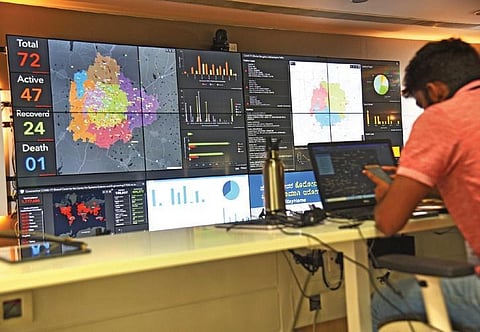 File photo of a BBMP staffer monitors cases at the Covid war room | Nagaraja Gadekal