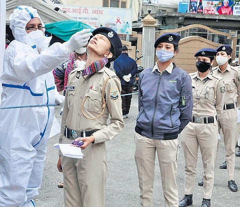 A health worker takes samples from police personnel in Kullu on Friday. (Photo | PTI)