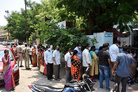 People line up for Covid-19 vaccine at a PHC in Hyderabad. (Photo | S Senabgapandiyan, EPS)