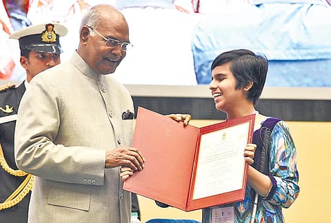 Tiffany Brar receives the ‘best role model award’ from President Ram Nath Kovind at Vigyan Bhavan in New Delhi in 2017 | Express