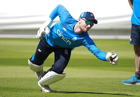 England's James Bracey catches the ball during a practice session at Lord's Cricket Ground in London, Monday, May 31, 2021. (Photo | AP)