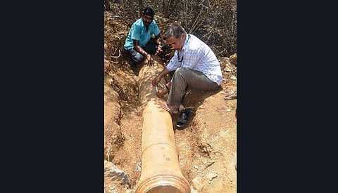A team of officials led by Vellore Fort Museum curator Saravanan inspecting the British era cannon. By special arrangement.