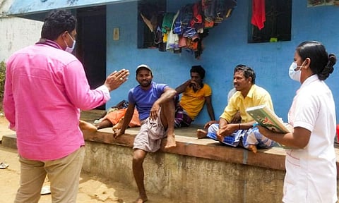 Health officials spreading awareness conducting fever camps at the tribal hamlets in Pachamalai near Tiruchy: (Photo | EPS)