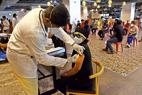 An employee being vaccinated at an IT Park in Chennai. (Photo | Ashwin Prasath, EPS)