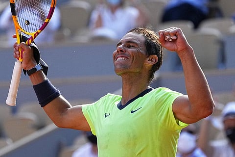 Spain's Rafael Nadal celebrates after defeating Argentina's Diego Schwartzman in their quarterfinal match of the French Open. (Photo | AP)