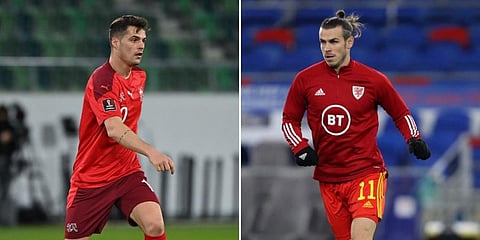 Switzerland's Granit Xhaka (L) and Wales'  Gareth Bale. (File Photos | AFP)