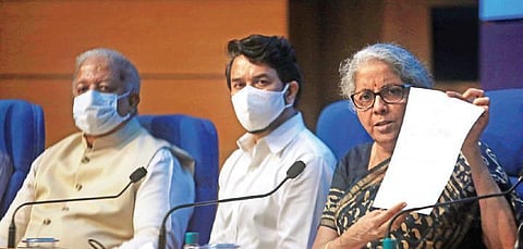 Finance Minister Nirmala Sitharaman addresses the media after chairing 44th GST Council meeting via video conferencing in New Delhi on Saturday | Shekhar Yadav