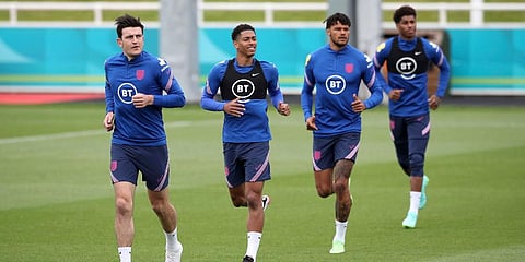 Left to right: England's Harry Maguire, Jude Bellingham, Tyrone Mings and Marcus Rashford during a training session. (Photo | AP)