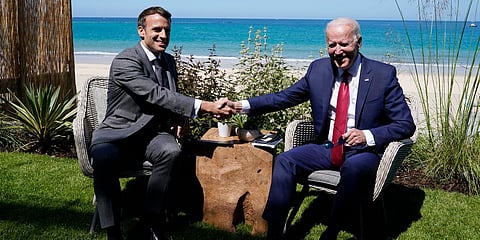 US President Joe Biden and French President Emmanuel Macron visit during a bilateral meeting at the G-7 summit. (Photo| AP)