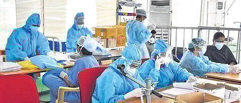 Doctors at the German Hanger facility at Padmavathi Covid hospital in Tirupati on Thursday. (File photo | EPS/Madhav K)