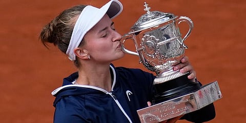 Barbora Krejcikova kisses the cup after defeating Anastasia Pavlyuchenkova in their final match of the French Open tournament at the Roland Garros stadium. (Photo | AP)