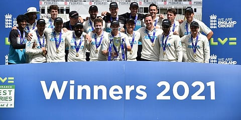 New Zealand players celebrate with the winners trophy after their win in the second cricket test match between England and New Zealand at Edgbaston in Birmingham. (Photo | AP)