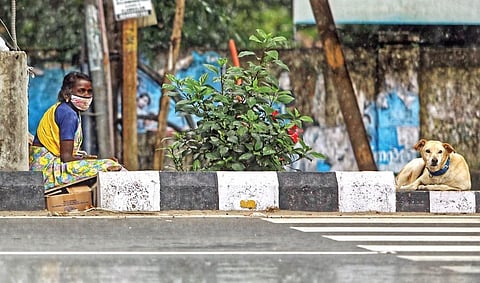 An elderly homeless woman finds shelter under the Kochi Metro rail line at Kadavanthra on Saturday. The second wave of Covid has made lives difficult for many. (Photo | Arun Angela/EPS)