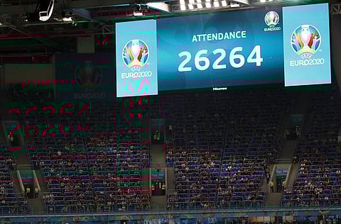 The number of spectators is shown during the Euro 2020 soccer championship group B match between Russia and Belgium at the Saint Petersburg stadium. (Photo | AP)