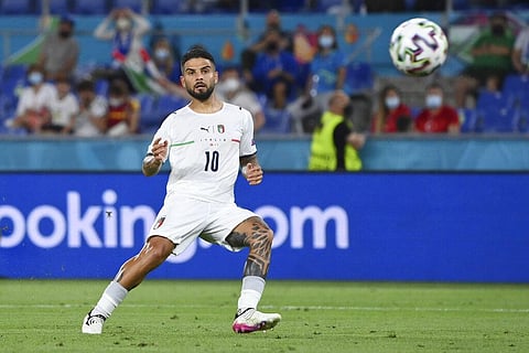 Italy's Lorenzo Insigne scores his side's third goal during the Euro 2020, soccer championship group A match between Italy and Turkey. (Photo | AP)