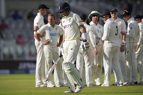 England's Joe Root leaves the pitch after he is bowled lbw by New Zealand's Neil Wagner during the fifth day of the Test match between England and New Zealand. (Photo | AP)