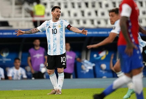Argentina's Lionel Messi reacts during a Copa America soccer match against Chile at the Nilton Santos stadium in Rio de Janeiro. (Photo | AP)