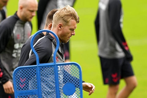 Denmark's captain Simon Kjaer exercises during a training session of Denmark's national team in Helsingor, Denmark, Monday, June 14, 2021. (Photo | AP)