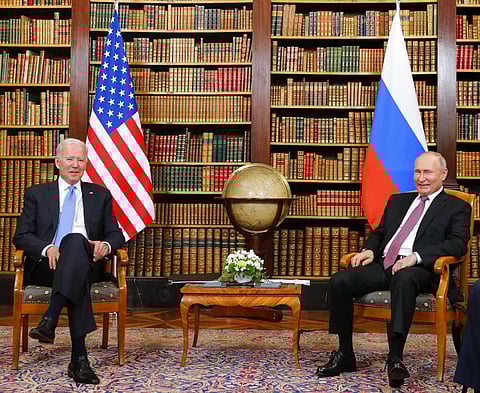 U.S. President Joe Biden, left, and Russia's President Vladimir Putin, right, pose for the media at Villa La Grange for the U.S.-Russia summit in Geneva, Switzerland. (Photo | AP)