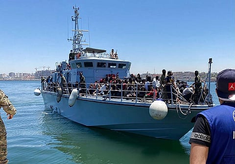 More than 270 migrants are returned by boat to the port of Tripoli in Libya after they were intercepted by the commercial vessel Vos Tritan a day previous. (Photo | AP)