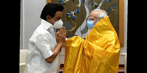 Tamil Nadu CM MK Stalin with PM Modi (Photo | Special arrangement)