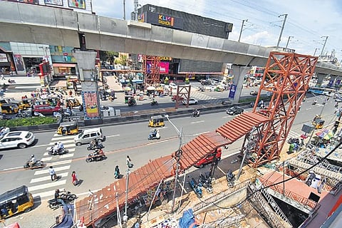 The construction of the Foot over Bridge (FoB) remains unfinished at Ameerpet