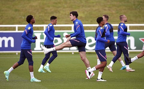 England's Harry Maguire, center, during a training session at St George's Park, Burton upon Trent, England, Monday June 14, 2021. (Photo | AP)