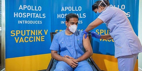 Apollo Hospitals in Chennai introduced Russia’s Sputnik V Vaccine for Covid-19 for its employees at their Greams Road branch here. (Photo | Special Arrangement)