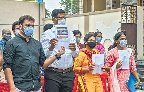 A group of candidates, who got selected for APPSC group 1 interview, brief the media at APPSC office in Vijayawada. (Photo| Prasant Madugala, EPS)