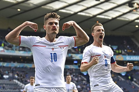 Czech Republic's Patrik Schick, left, celebrates after scoring his side's first goal from the penalty spot during the Euro 2020 game. (Photo | AP)