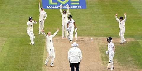 England's Sophie Ecclestone appeals for LBW India's Harmanpreet Kaur on day three of the Women's International Test match at the Bristol County Ground. (Photo | AP)