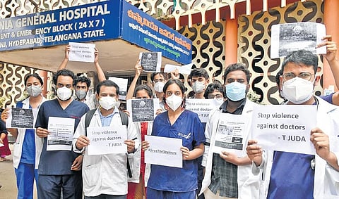 Medicos stage a protest, seeking an end to violence against doctors, at Osmania General Hospital on Friday. (Photo | Vinay Madapu, EPS)