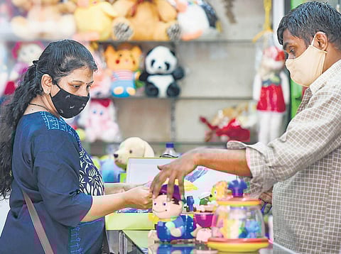 Business at a toy shop during lockdown relaxation in Mumbai. (Photo | PTI)