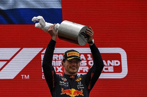Red Bull's driver Max Verstappen celebrates with trophy on the podium at the end of the French Formula One Grand Prix at the Circuit Paul-Ricard in Le Castellet, France, on June 20, 2021. (Photo | AFP