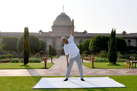 President Ram Nath Kovind peforming Yoga. (Photo | Twitter)
