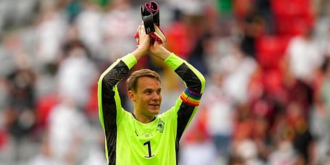 Manuel Neuer's rainbow-coloured captain's armband during Euro 2020 matches. (Photo | AP)