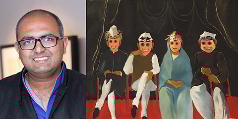 Dhoomimal Gallery director Uday Jain (L) and an artwork by BC Sanyal. (Photo| EPS)