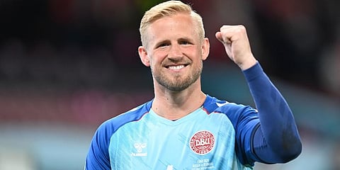 Denmark's goalkeeper Kasper Schmeichel celebrates after the Euro 2020 soccer championship group B match between Russia and Denmark at the Parken stadium in Copenhagen. (Photo | AP)