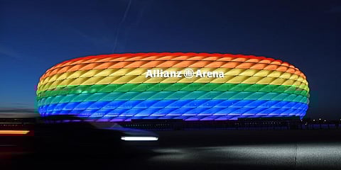 Munich’s stadium is illuminated in rainbow colors on the occasion of Christopher Street Day in Munich, Germany. (Photo | AP)