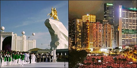 (L) Turkmenistan's capital Ashgabat and (R) Hong Kong (Photos | AP)