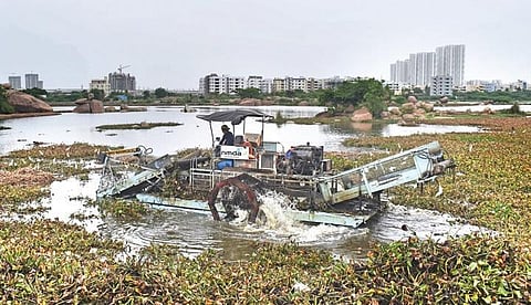 HMDA staff clean the Kamuni Cheruvu in Moosapet on Wednesday. (Photo | S Senbagpandiyan, EPS)