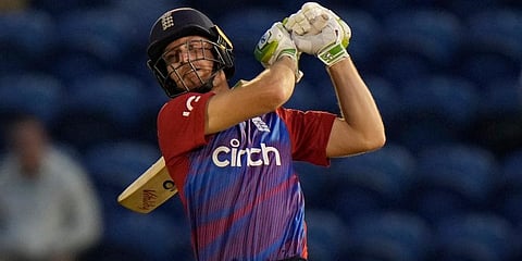 Jos Buttler hits the winning run during the T20 international cricket match between England and Sri Lanka at Cardiff, Wales. (Photo | AP)