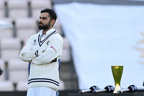 India's Virat Kohli reacts before the presentation after defeat against New Zealand on final day of WTC Final at Ageas Bowl, Southampton, England on June 23, 2021. (Photo | AFP)