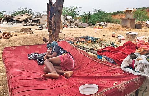 A boy belonging to Modhugula thanda in Nalgonda district takes a nap under a tree. His house was demolished recently for the Yadadri Thermal Power Plant